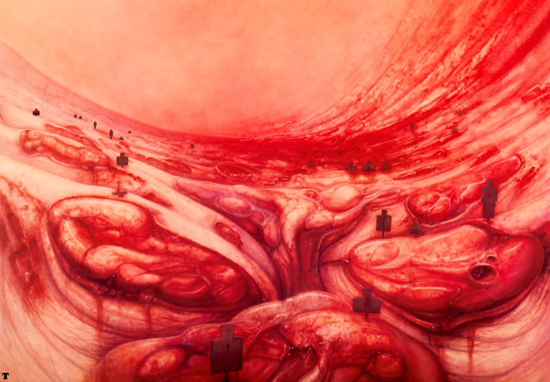 Illustration for article titled The Biological Horrors Of H.R. Giger's Fleshy Landscape Paintings